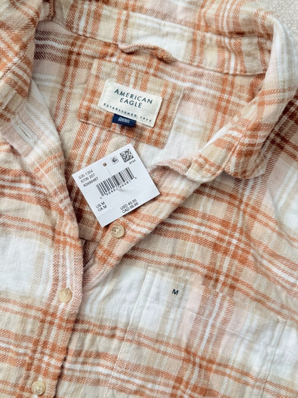 American Eagle NWT Orange Cream Plaid Flannel Button Down Shirt Medium 4402
